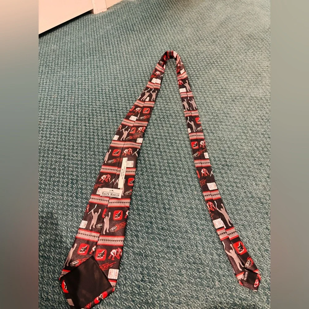 RALPH MARLIN Black and Red Graphic Hockey Themed Necktie
